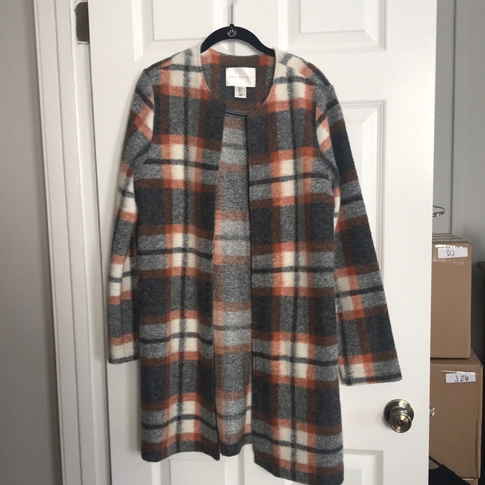 Max Studio Plaid Cape in Gray and Orange